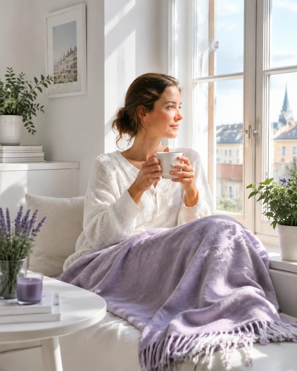 Frau mit Tasse Tee am sonnigen Fenster